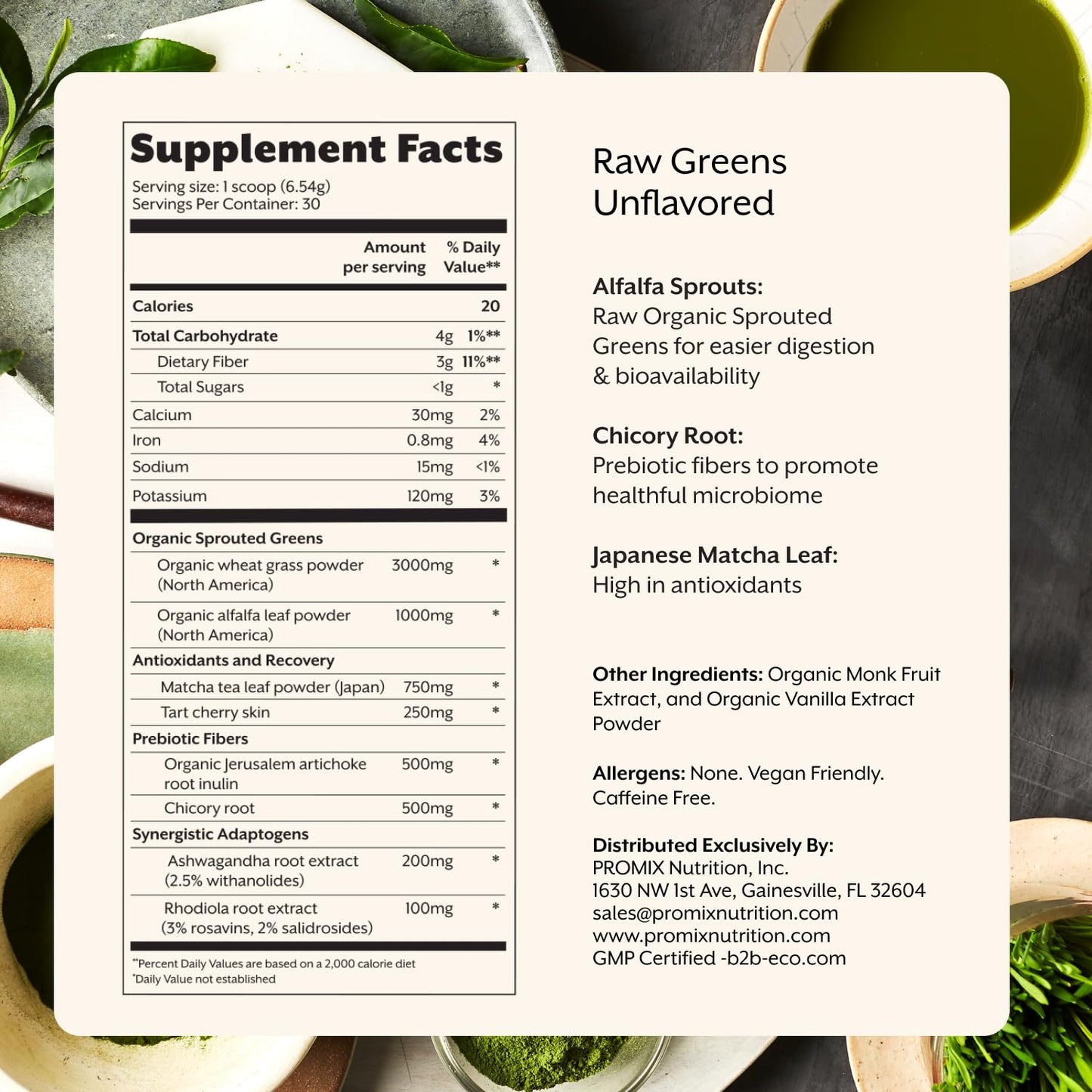 ProMix Nutrition Raw Greens Superfood Blend - Sprouted Alfalfa, Wheatgrass, Ashwagandha & Rhodiola - 30 Servings