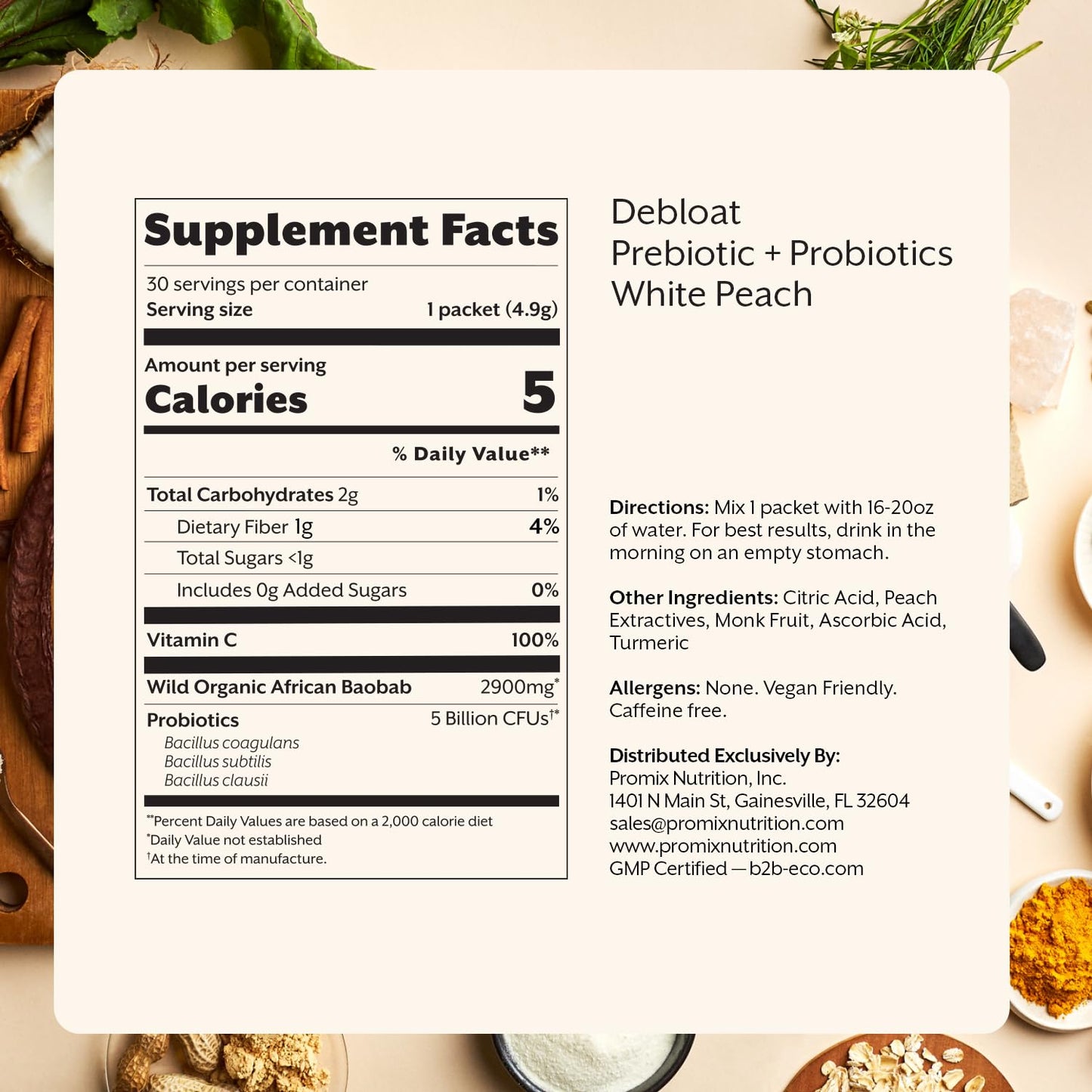 ProMix Nutrition Debloat: Prebiotics & Probiotics for Bloating Relief (White Peach) - 30 Servings