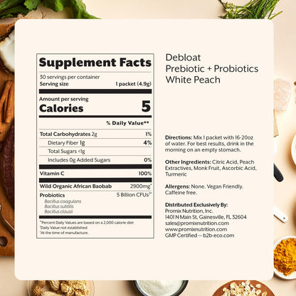 ProMix Nutrition Debloat: Prebiotics & Probiotics for Bloating Relief (White Peach) - 30 Servings