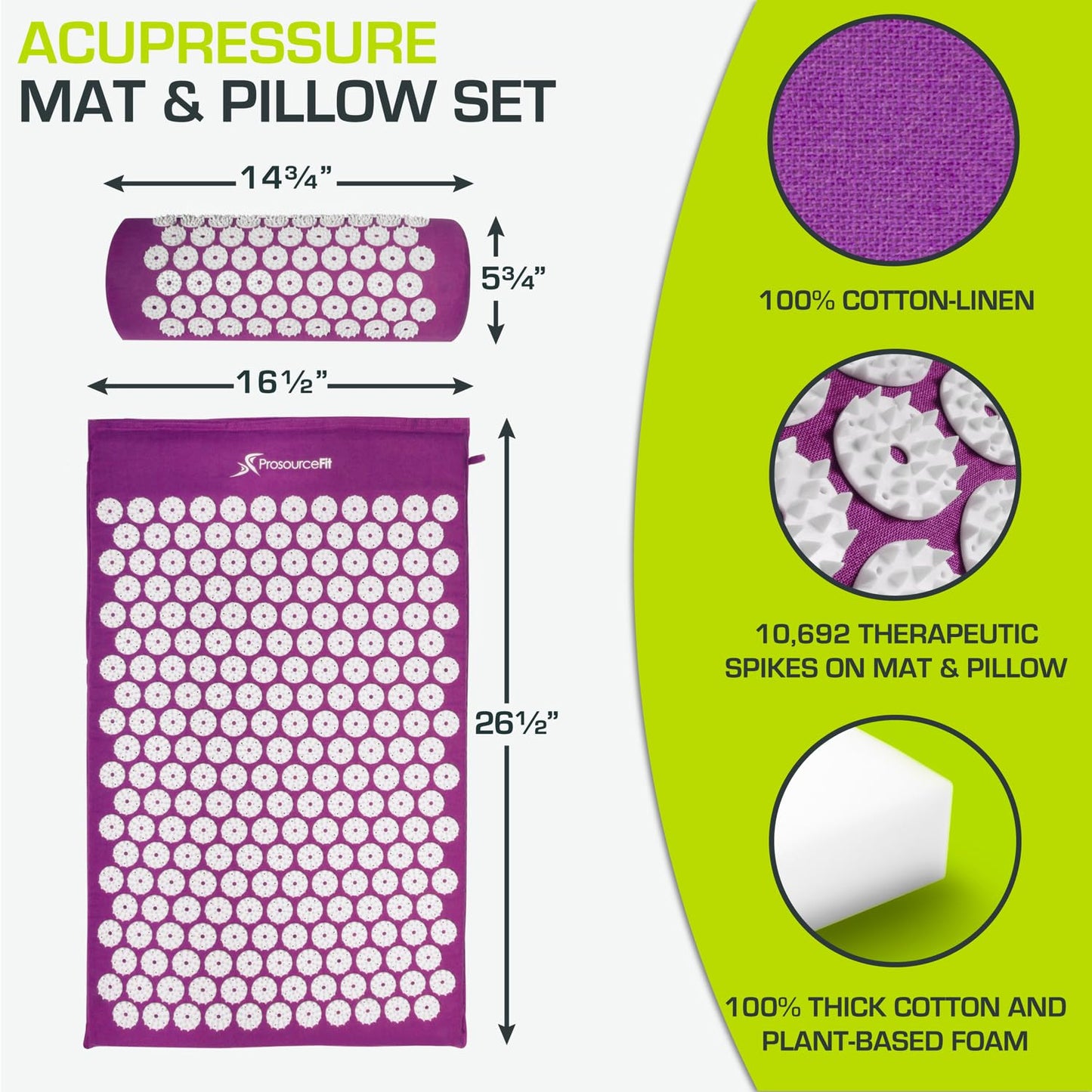 ProsourceFit Acupressure Mat & Neck Pillow Set – Purple