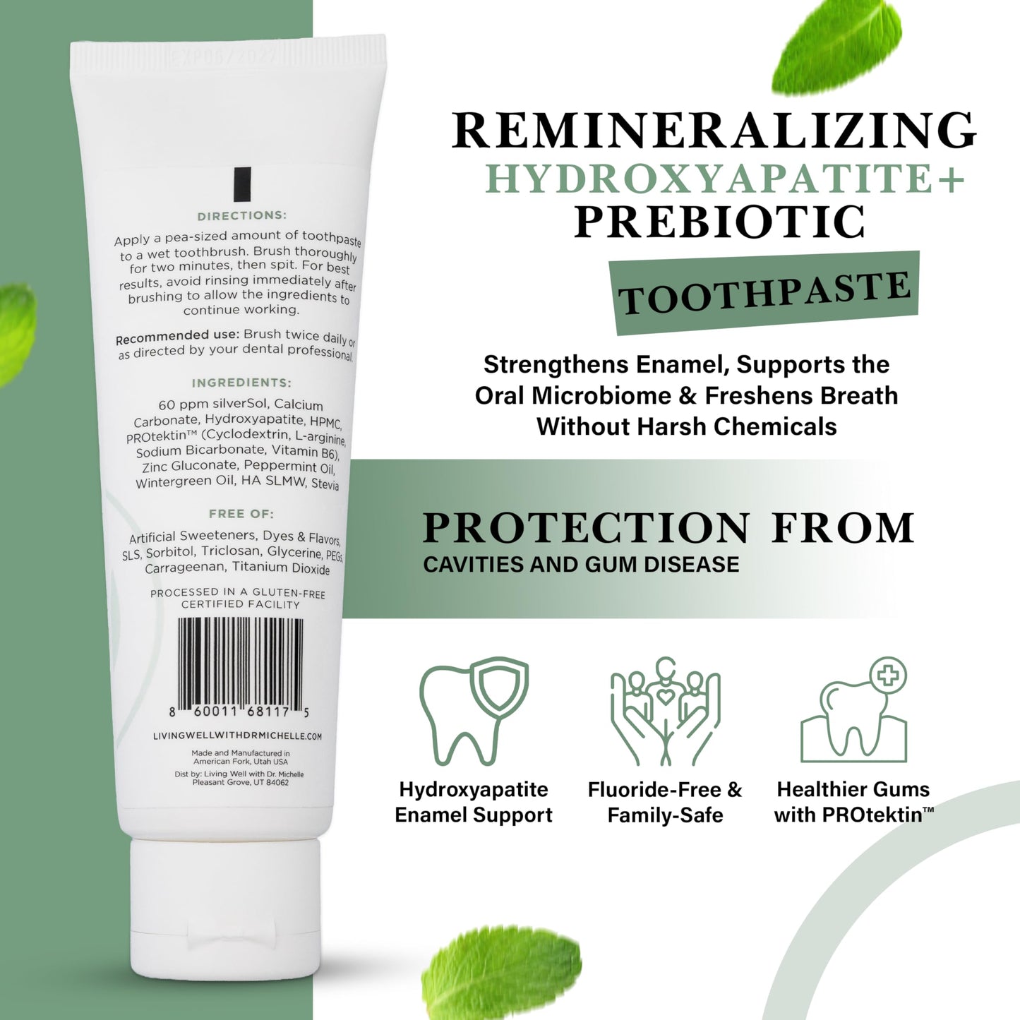 Hydroxyapatite Toothpaste – Fluoride-Free Remineralizing Formula with PROtektin – Mint, 4 oz