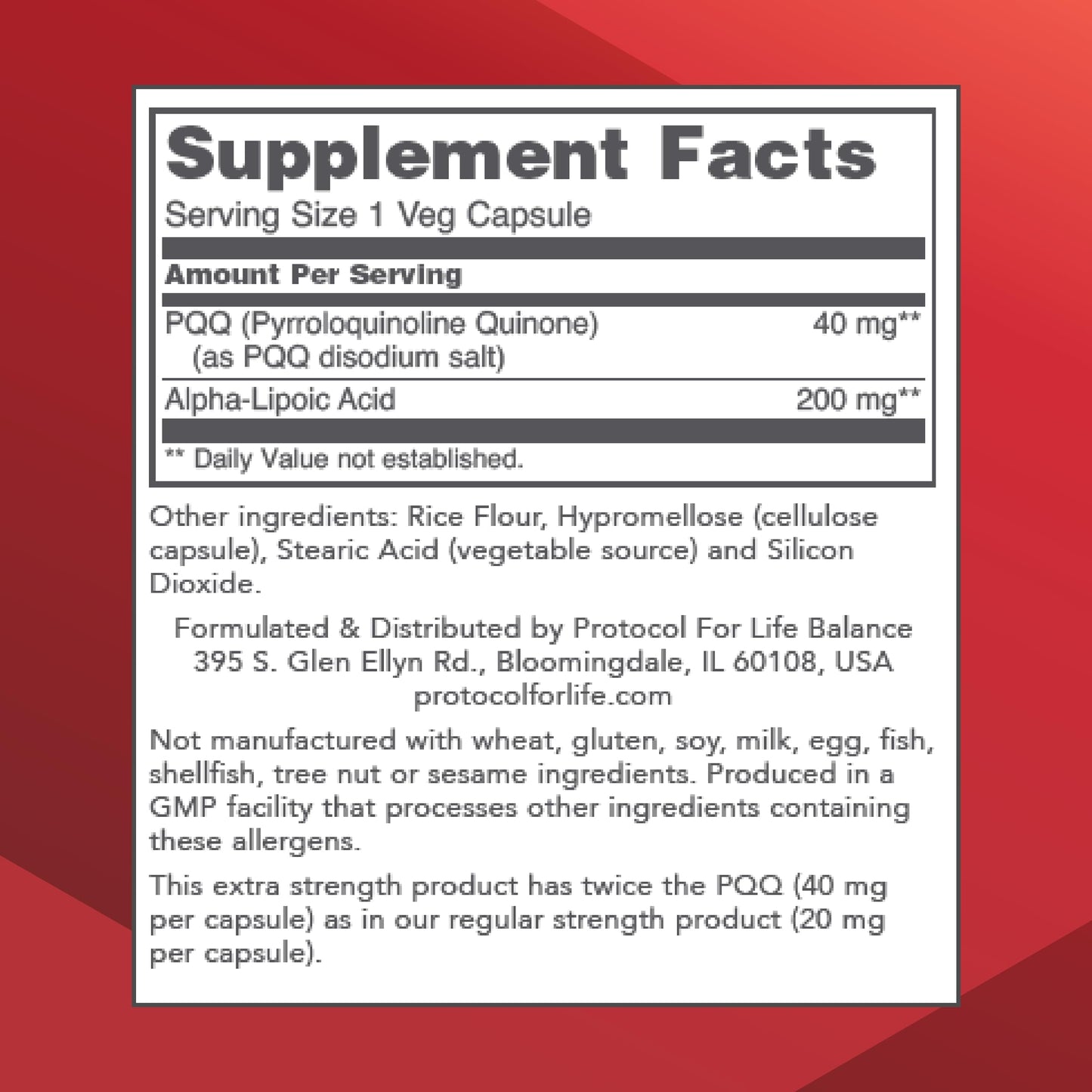 Protocol For Life Balance PQQ 40mg + Alpha-Lipoic Acid – Heart Health, Non-GMO, Kosher, 50 Veg Caps