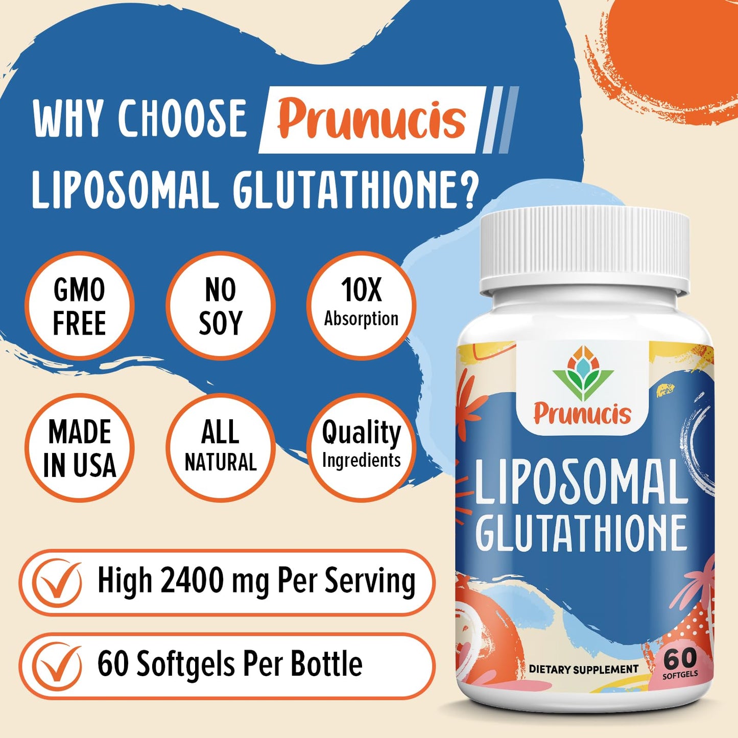 Prunucis 2400MG Liposomal Glutathione with Vitamin C, Milk Thistle & Alpha-Lipoic Acid — 180 Softgels