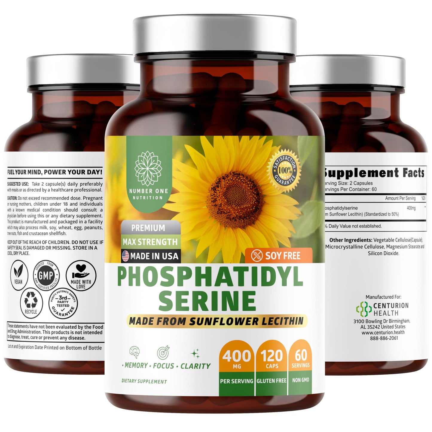 Number One Nutrition Phosphatidylserine 400mg – Sunflower Lecithin, Soy Free, 120 Veg Caps