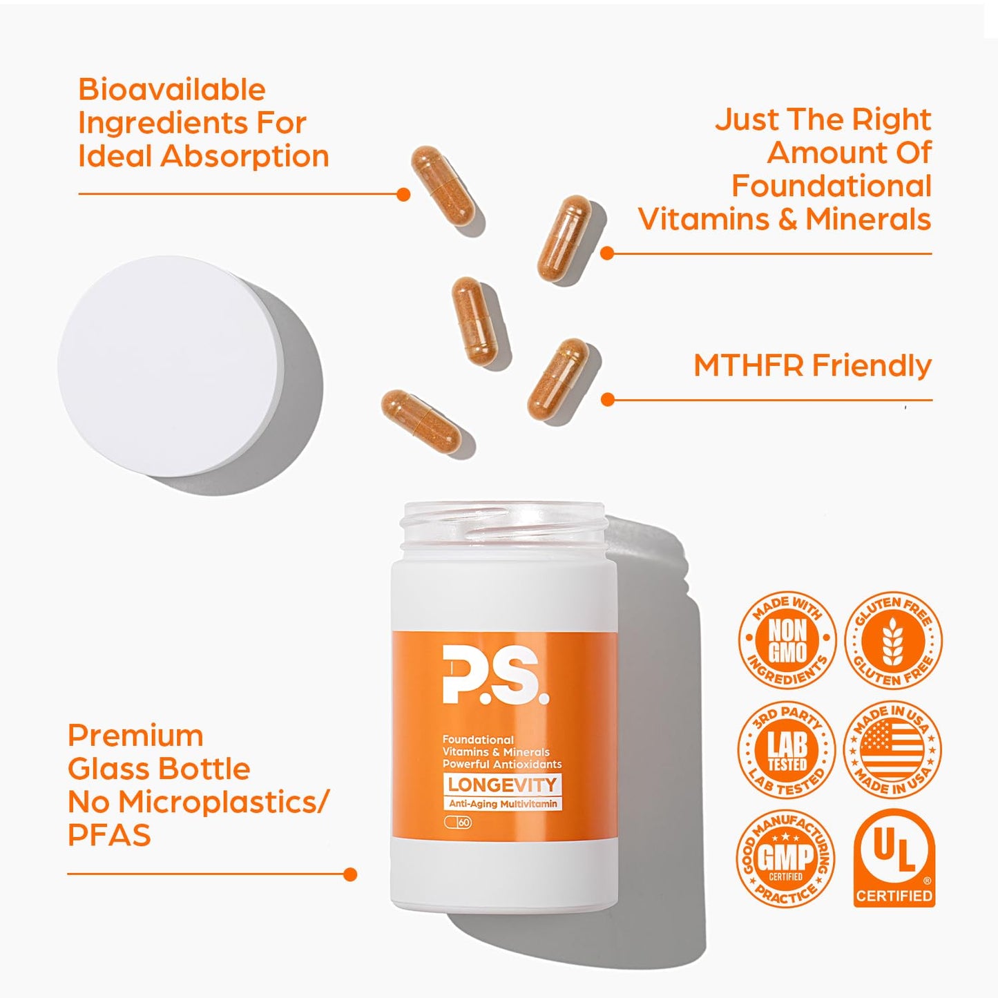 PS Longevity Supplement – Anti-Aging Multivitamin for Men & Women – Premium Methylated B Vitamins, CoQ10, NR, Urolithin A & Natural Antioxidants – Cellular Health, Energy & Memory – 2 Month Supply