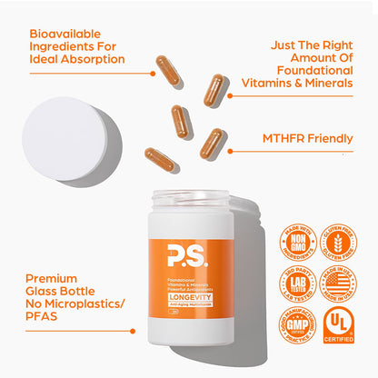 PS Longevity Supplement – Anti-Aging Multivitamin for Men & Women – Premium Methylated B Vitamins, CoQ10, NR, Urolithin A & Natural Antioxidants – Cellular Health, Energy & Memory – 2 Month Supply