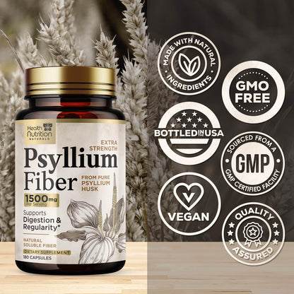Psyllium Husk Capsules 1500 mg — Vegan Fiber Supplement for Digestive Health & Regularity | Non-GMO, 180 Veggie Capsules