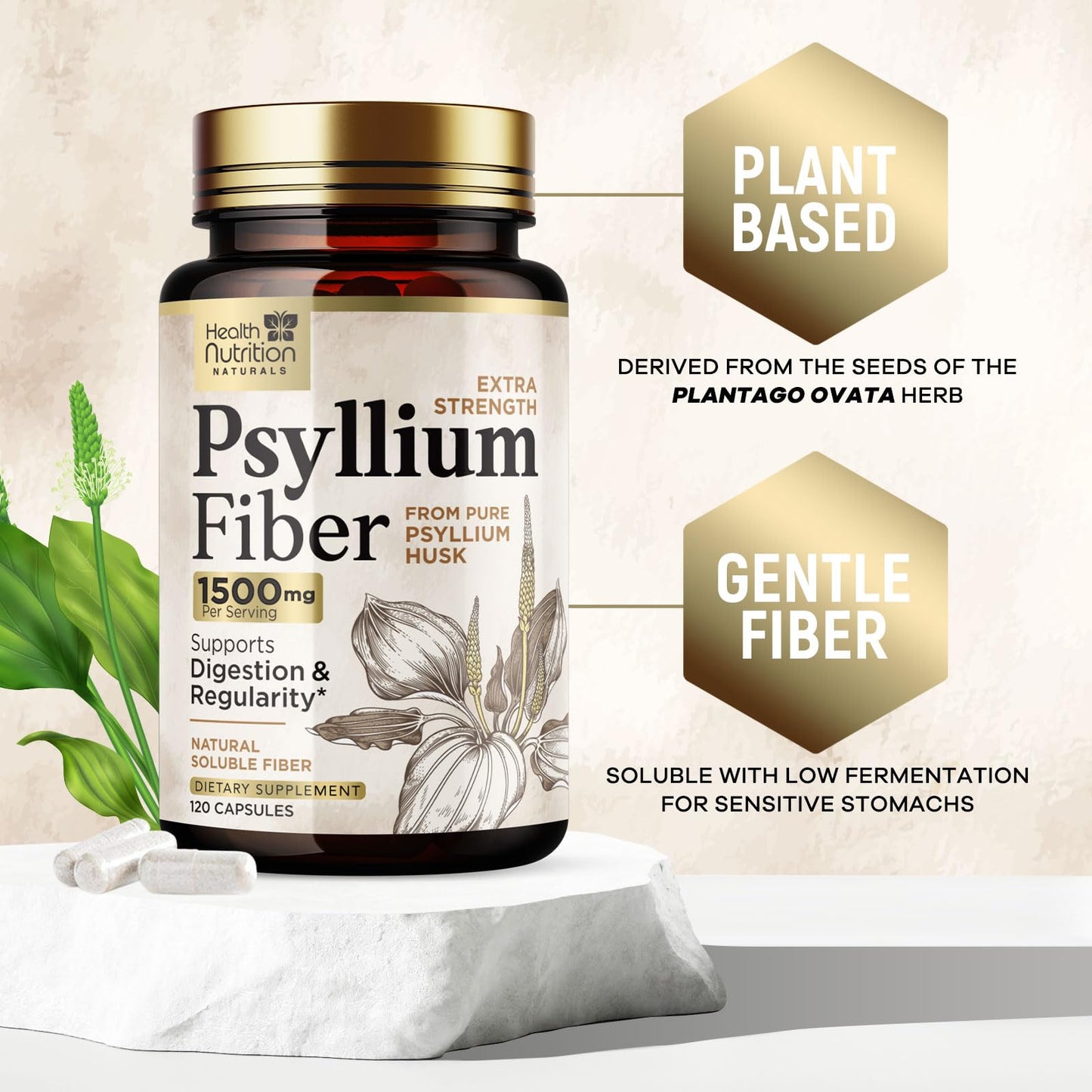 Psyllium Husk Capsules 1500 mg – Plant-Based Fiber (Vegan, Non-GMO) 120 Caps