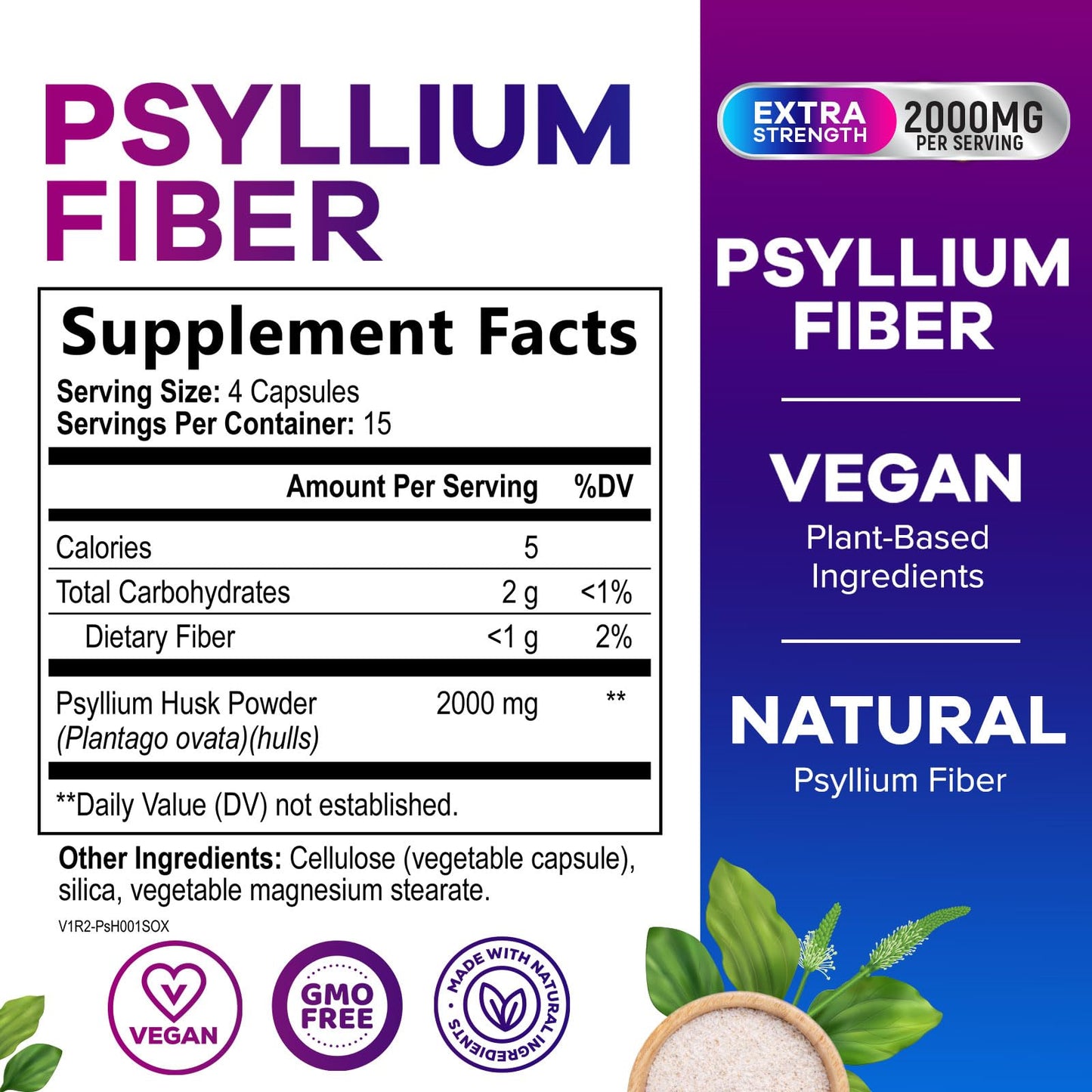 Psyllium Husk Fiber 1500mg – Vegan Prebiotic, Soluble Fiber for Digestive Health | 60 Capsules
