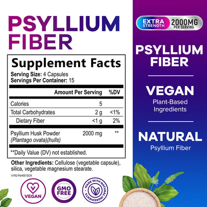 Psyllium Husk Fiber 1500mg – Vegan Prebiotic, Soluble Fiber for Digestive Health | 60 Capsules