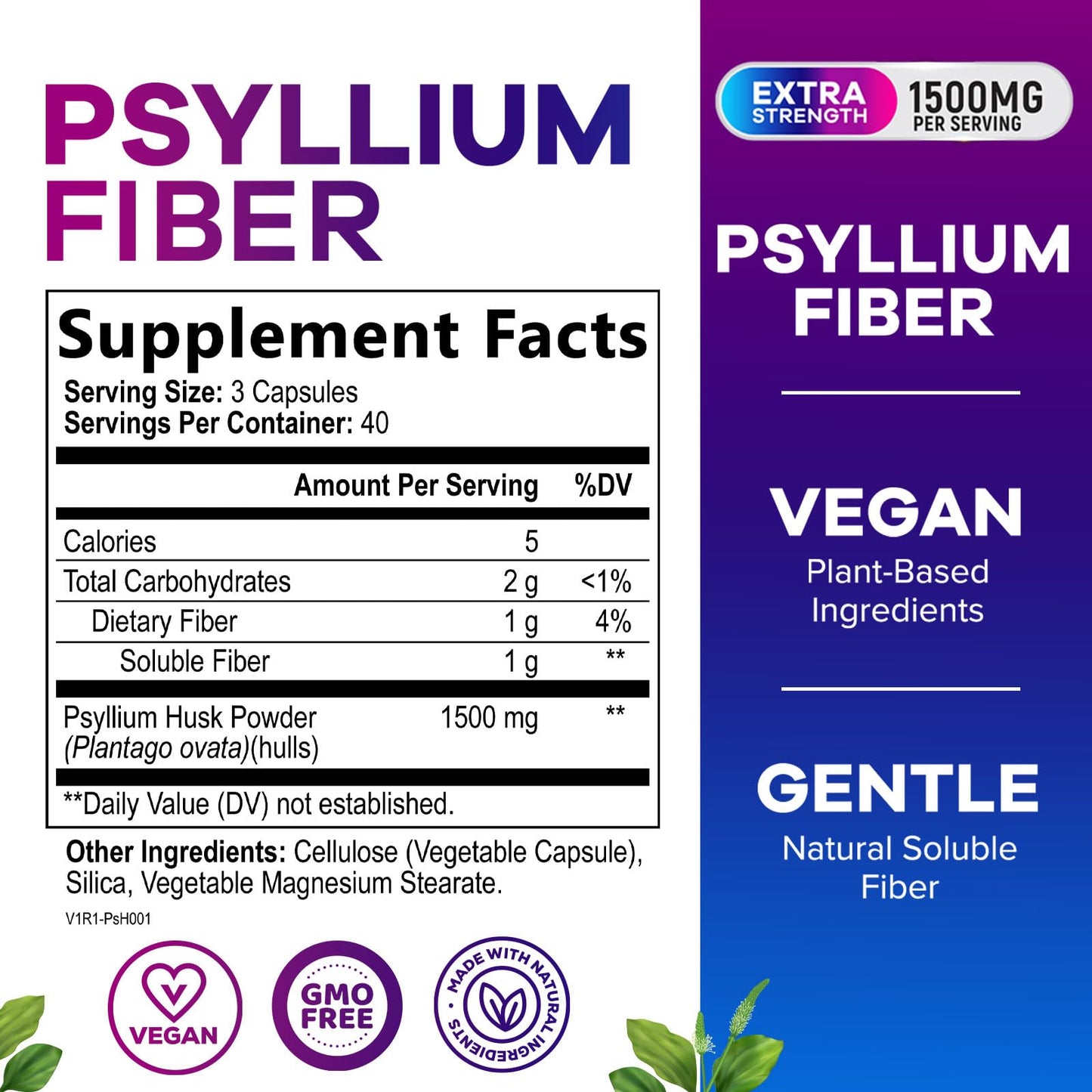 Psyllium Husk Fiber 1500mg – Vegan Prebiotic, Sugar-Free & Gluten-Free | 120 Capsules