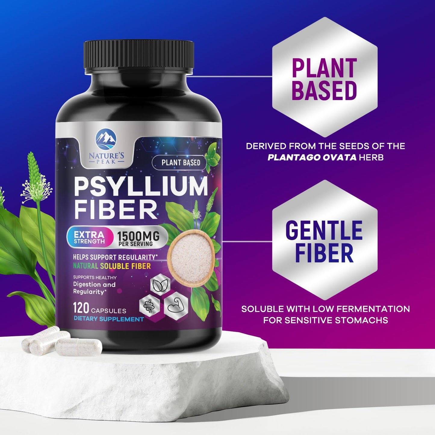 Psyllium Husk Fiber 1500mg – Vegan Prebiotic, Sugar-Free & Gluten-Free | 120 Capsules