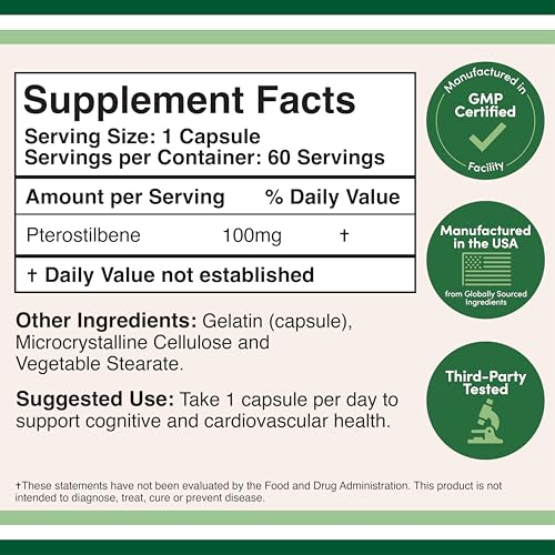 Double Wood Pterostilbene 100mg Capsules – 60 Count Pack of 2 | Third-Party Tested, Non-GMO, Gluten Free