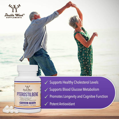 Double Wood Pterostilbene 100mg Capsules – 60 Count Pack of 2 | Third-Party Tested, Non-GMO, Gluten Free
