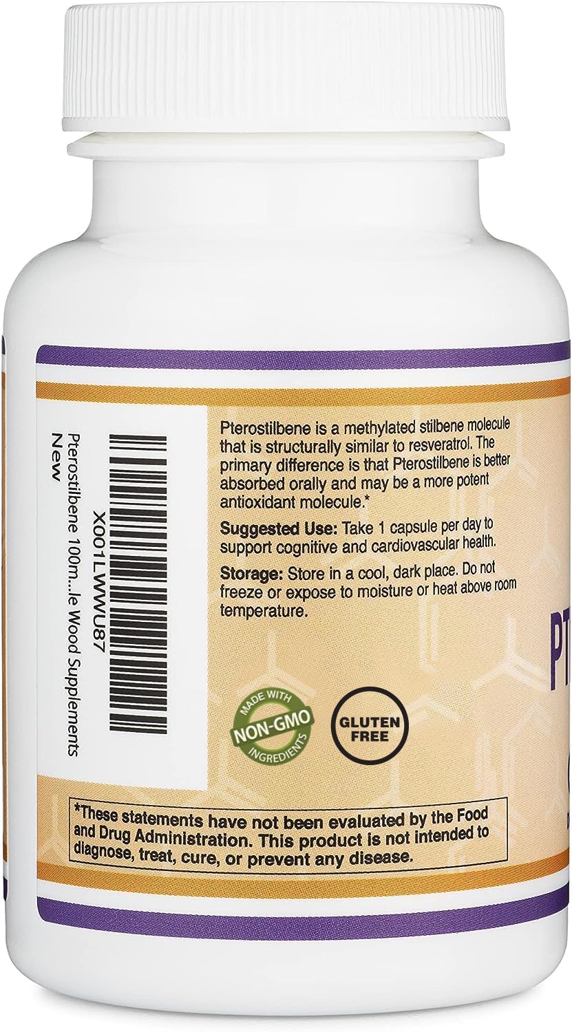 Double Wood Pterostilbene 100mg Capsules – 60 Count Pack of 2 | Third-Party Tested, Non-GMO, Gluten Free