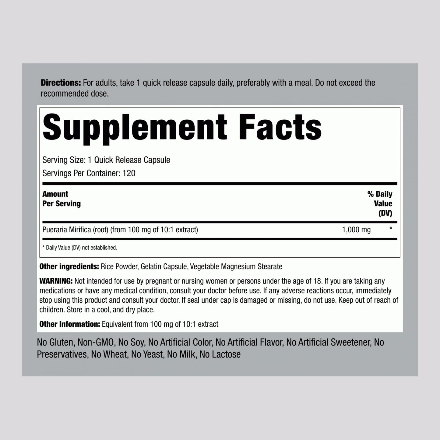 Piping Rock Pueraria Mirifica Capsules 1000mg - 120 Pills - Gluten Free, Non-GMO