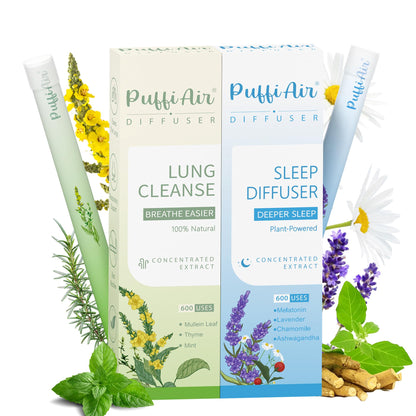 PUFFIAIR Herbal Diffuser Duo – Mullein & Melatonin | Night & Day Relax Duo, 600 Uses per Stick