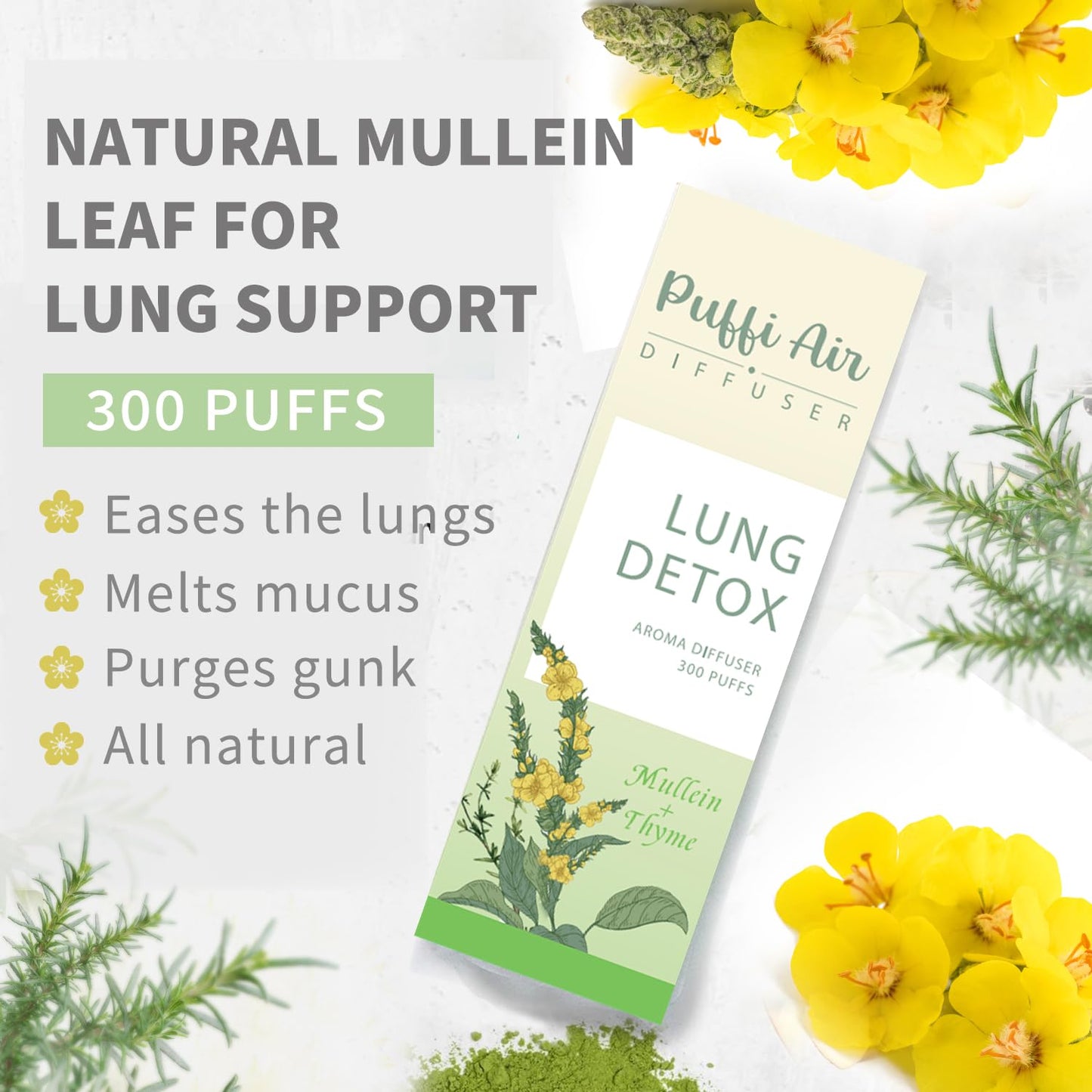 PUFFIAIR Herbal Diffuser – Mullein, Thyme & Mint for Respiratory Comfort | 300 Uses, 2 Packs, 3 Sticks