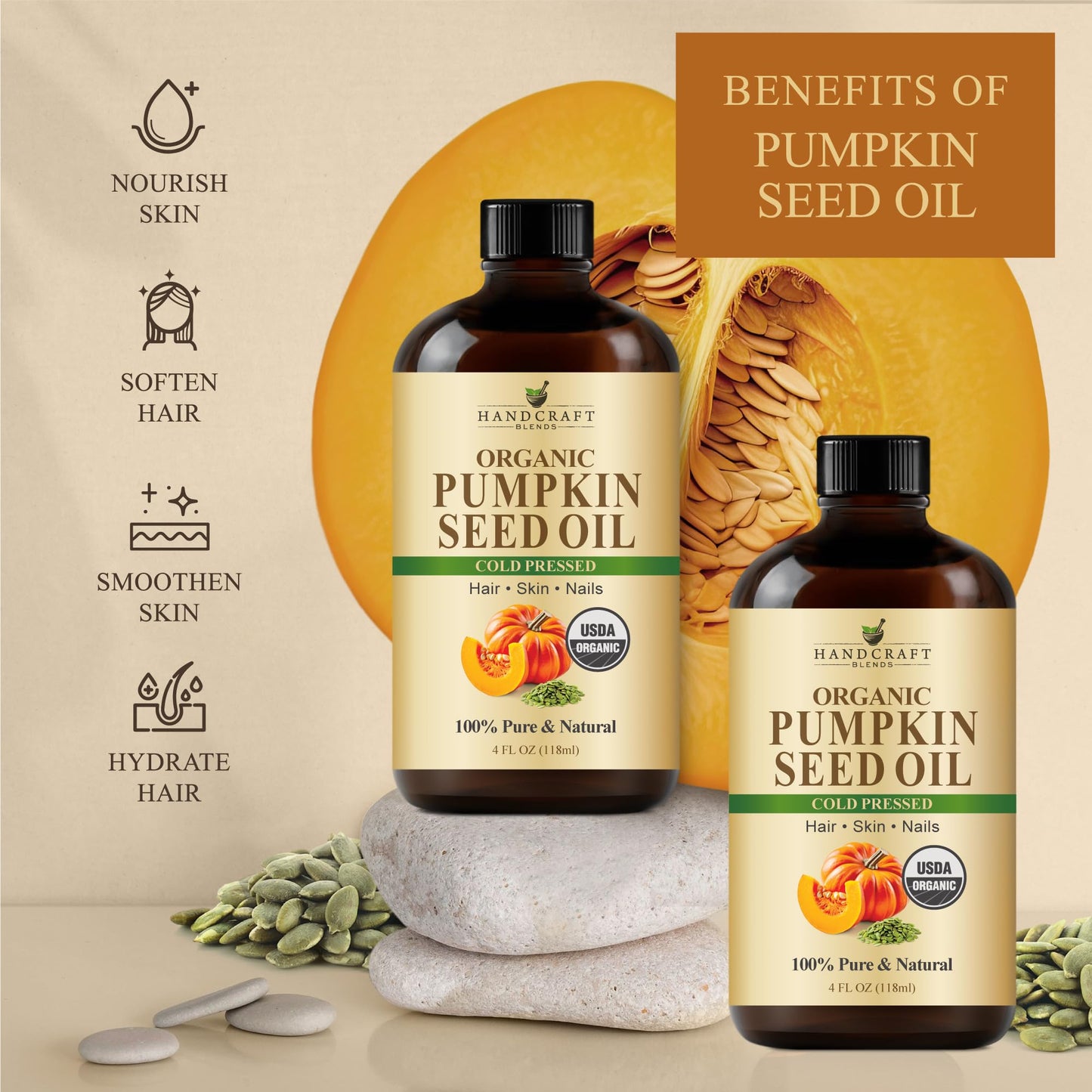 Cold-Pressed Organic Pumpkin Seed Oil - 4 oz Glass Bottle | Hair, Skin & Aromatherapy