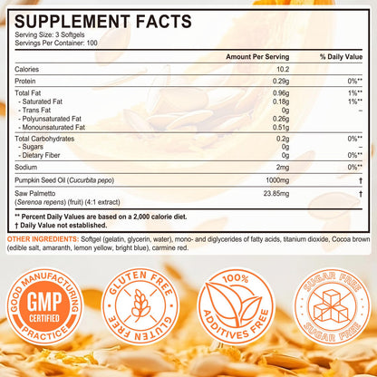 Pumpkin Seed Oil with Saw Palmetto Capsules, 1000mg per Serving – Prostate & Bladder Health, Non-GMO, 300 Softgels