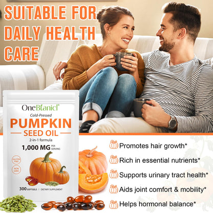 Pumpkin Seed Oil with Saw Palmetto Capsules, 1000mg per Serving – Prostate & Bladder Health, Non-GMO, 300 Softgels