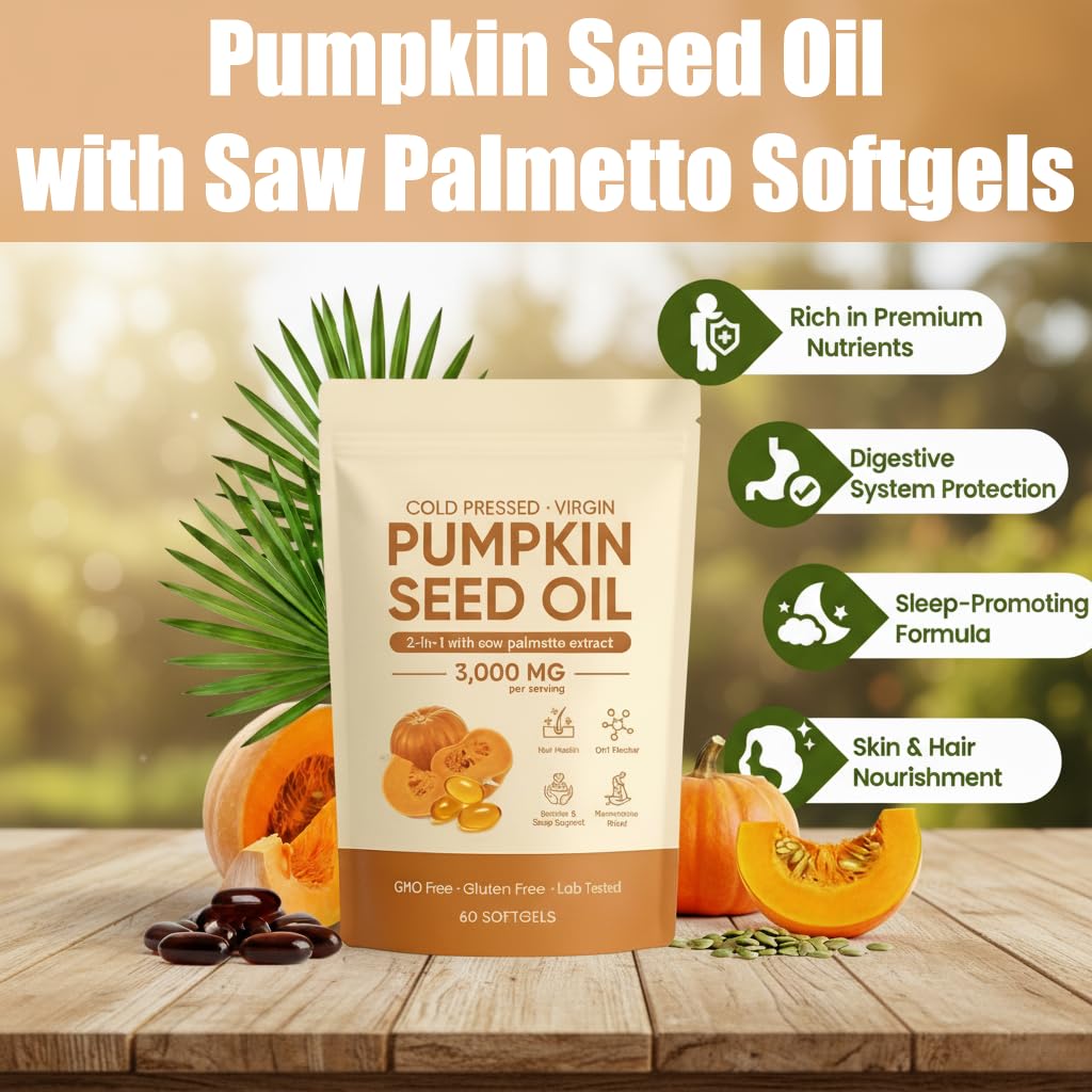 Pumpkin Seed Oil Softgels with Saw Palmetto – Cold-Pressed Virgin Oil, Prostate & Hair Support