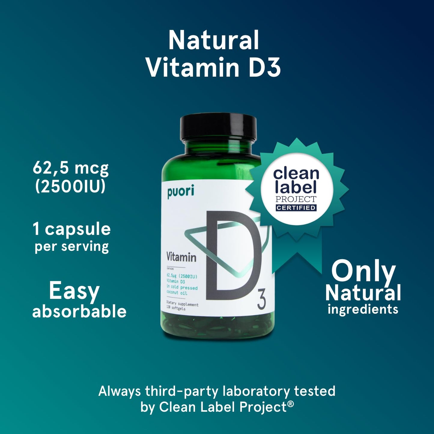 Puori Vitamin D3 Softgels 2500 IU (62.5 mcg) – 240 Count, Non-GMO & Gluten-Free