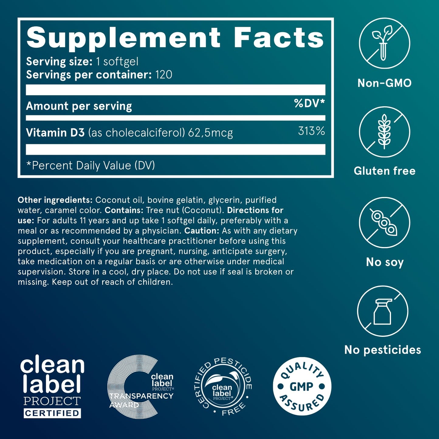 Puori Vitamin D3 Softgels 2500 IU (62.5 mcg) – 240 Count, Non-GMO & Gluten-Free