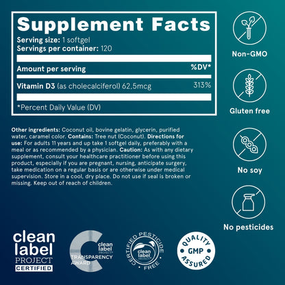 Puori Vitamin D3 Softgels 2500 IU (62.5 mcg) – 240 Count, Non-GMO & Gluten-Free