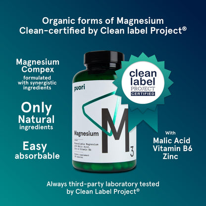 Puori Magnesium Complex M3 – High Absorption Magnesium Taurinate & Gluconate with Zinc, Vitamin B6 & Malic Acid | 240 Vegan Capsules