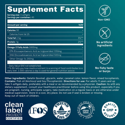 Puori O3 Omega-3 Fish Oil — Burpless, Wild-Caught, 2000mg Omega-3 (EPA 1250mg / DHA 500mg), 240 Softgels, IFOS Certified