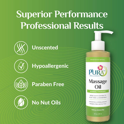 PURA 1st Wellness Herbal Massage Oil (8oz) – Hypoallergenic, Unscented for Muscle Relief & Physical Therapy