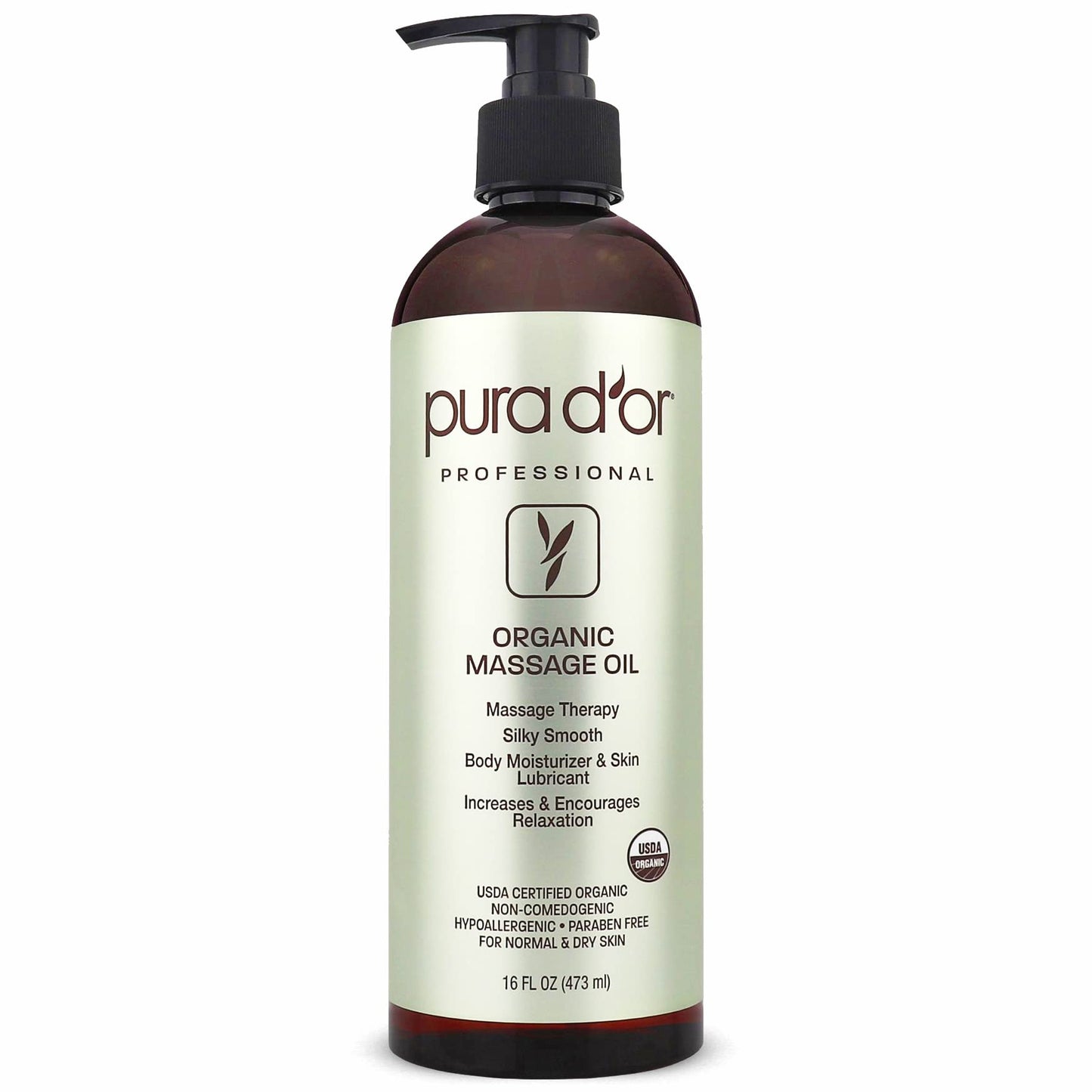 PURA D'OR Organic Massage Therapy Oil 16 oz - Almond, Argan, Jojoba, Lavender