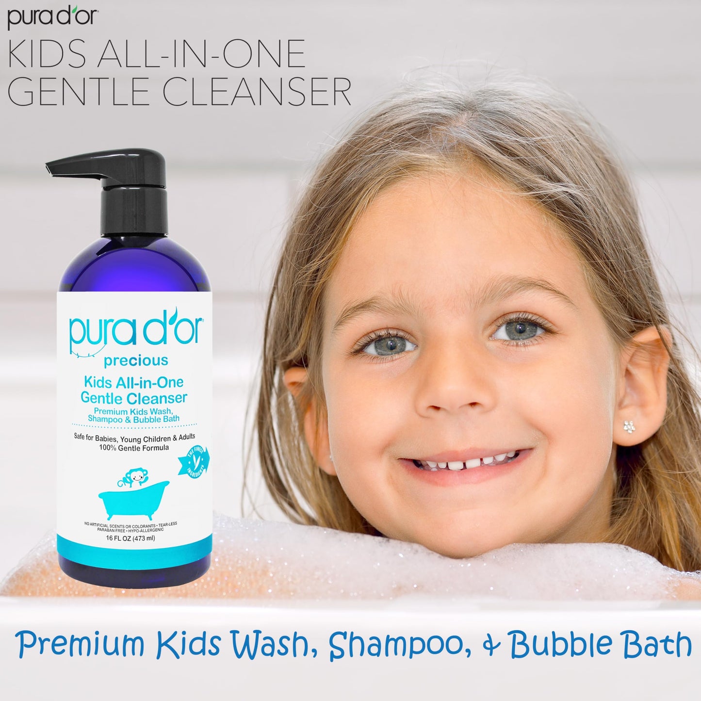 PURA D'OR Kids Wash All-in-One Gentle Cleanser - Tear-Free, Sulfate-Free, Hypoallergenic, 48oz
