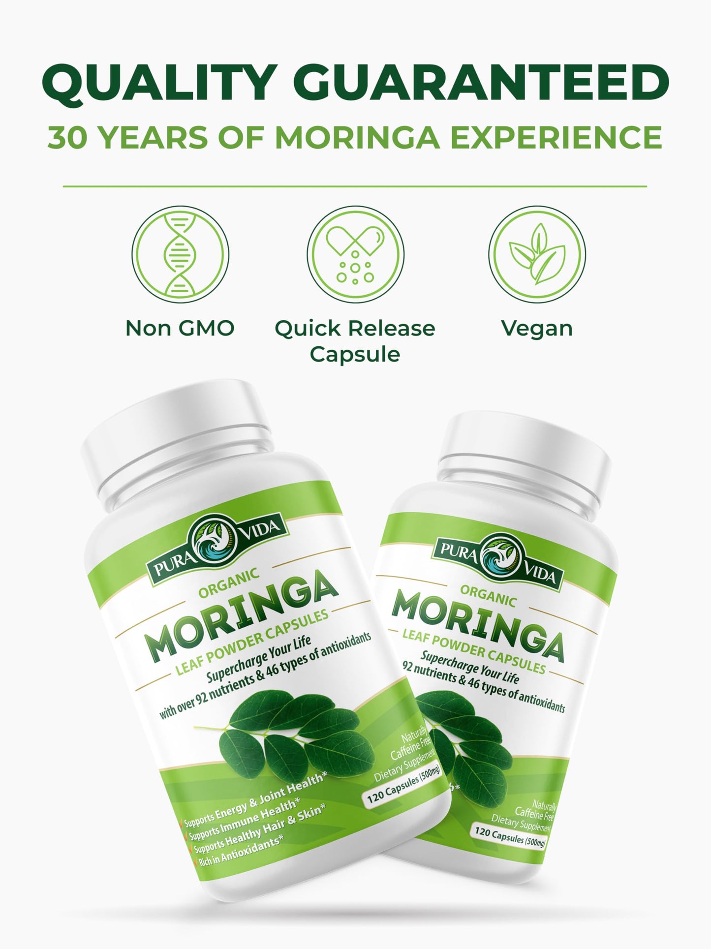 PURA VIDA MORINGA Capsules Single Origin Moringa Powder Organic. Pure Moringa Leaf. Energy, Metabolism, & Immune Support. 120ct. 500mg Caps.