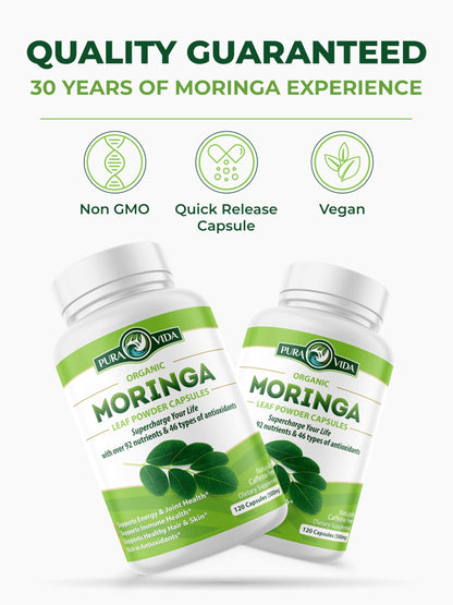 PURA VIDA MORINGA Capsules Single Origin Moringa Powder Organic. Pure Moringa Leaf. Energy, Metabolism, & Immune Support. 120ct. 500mg Caps.