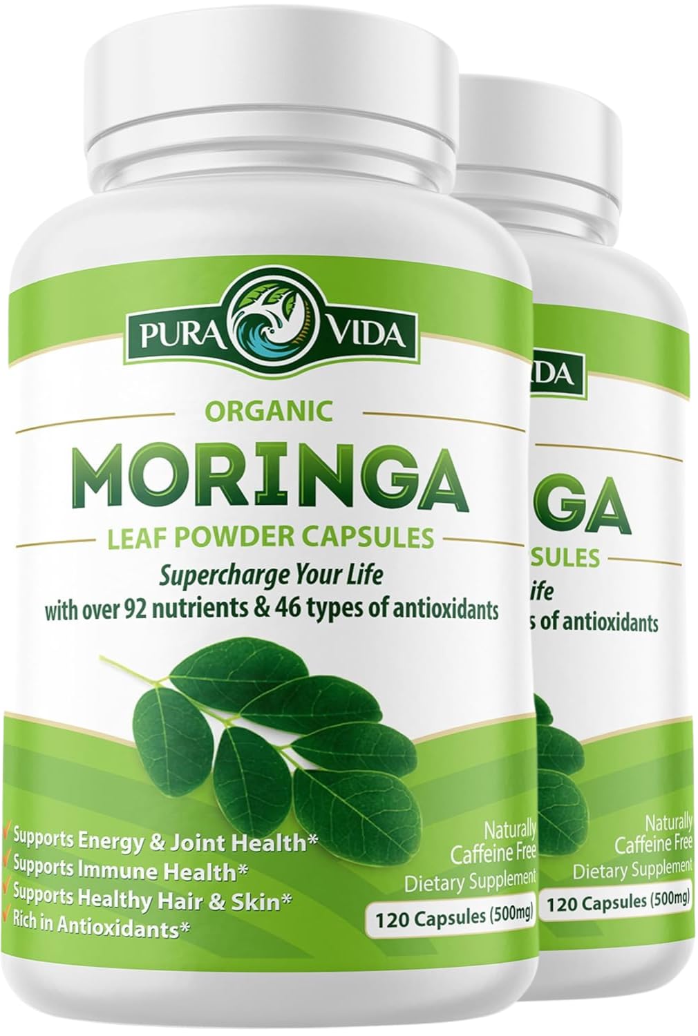 PURA VIDA MORINGA Capsules — Single Origin Organic Moringa Powder, 120 Count (500 mg) — Pack of 2