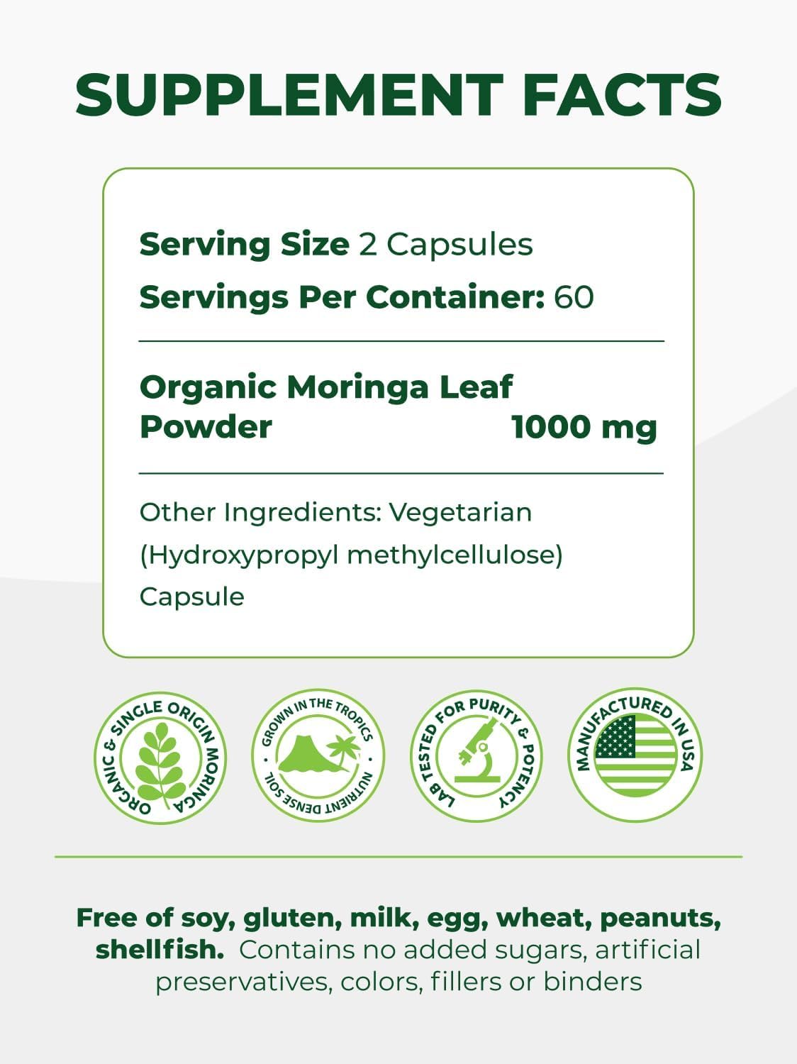 PURA VIDA MORINGA Capsules — Single Origin Organic Moringa Powder, 120 Count (500 mg) — Pack of 2