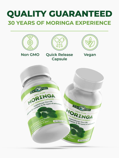 PURA VIDA MORINGA Capsules — Single Origin Organic Moringa Powder, 120 Count (500 mg) — Pack of 2