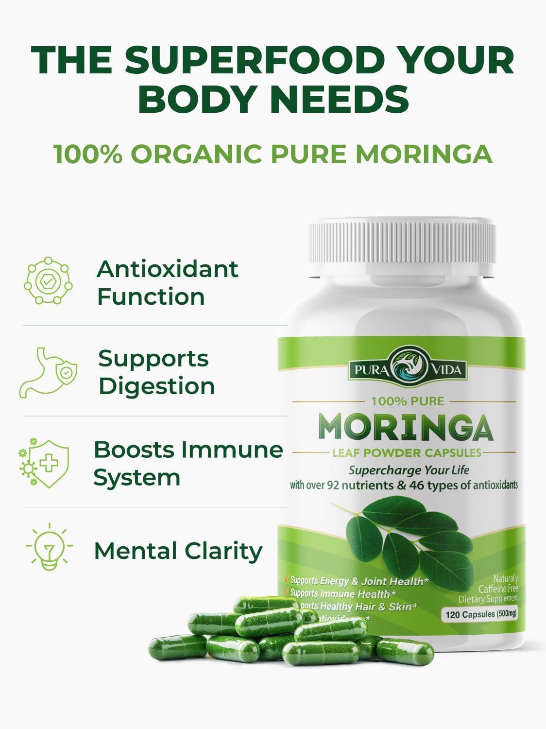 PURA VIDA MORINGA Capsules — Single Origin Organic Moringa Powder, 120 Count (500 mg) — Pack of 2