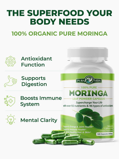 PURA VIDA MORINGA Capsules — Single Origin Organic Moringa Powder, 120 Count (500 mg) — Pack of 2