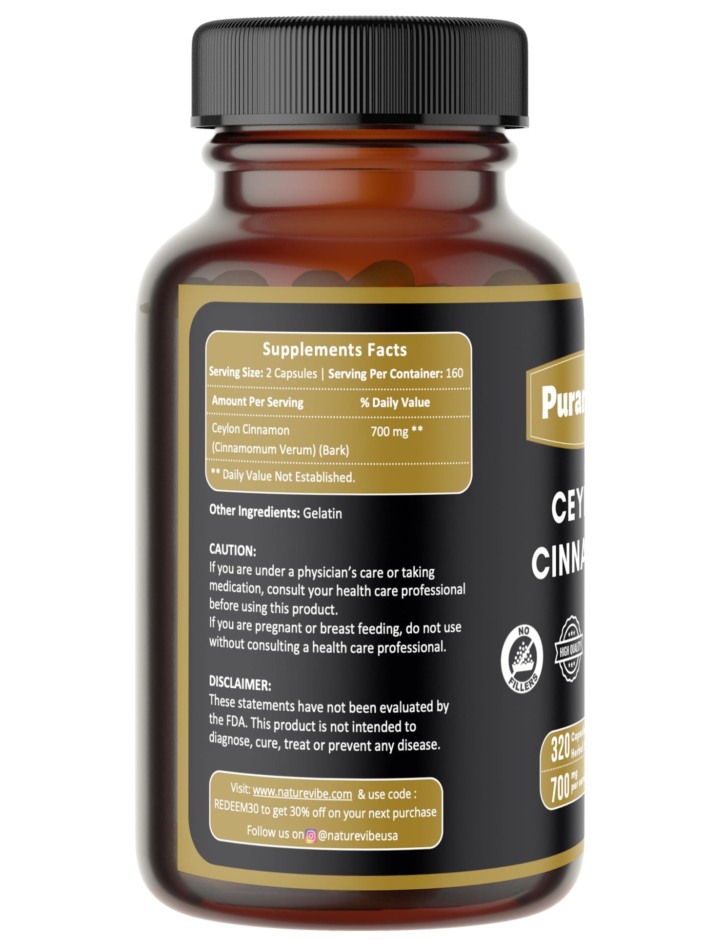 Puranicals Ceylon Cinnamon Premium 320 Capsules – 700 mg per Serving, Non-GMO, Gluten Free | Herbal Supplement