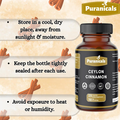 Puranicals Ceylon Cinnamon Premium 320 Capsules – 700 mg per Serving, Non-GMO, Gluten Free | Herbal Supplement