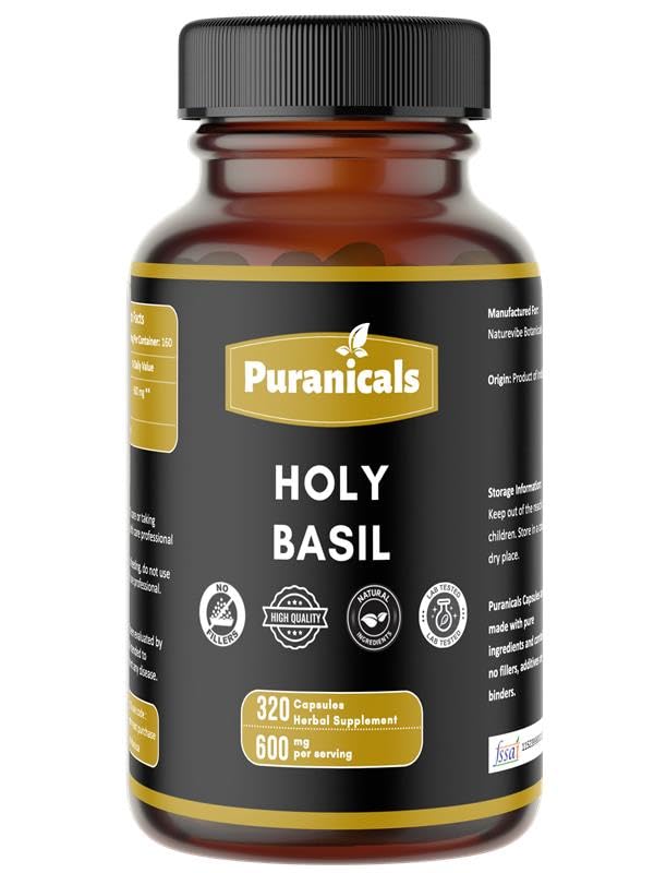 Puranicals Holy Basil Premium 320 Capsules – 600 mg per Serving | Non-GMO, Gluten-Free