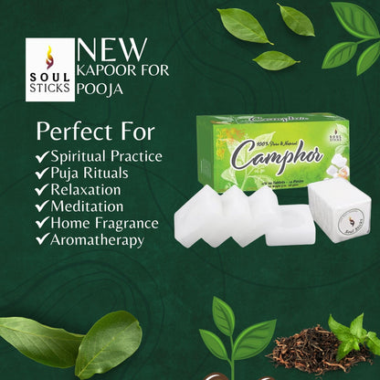SOUL STICKS Natural Camphor Blocks & Tablets – Pure Camphor for Aromatherapy, Puja & Kapoor (56g, 12 Tablets)