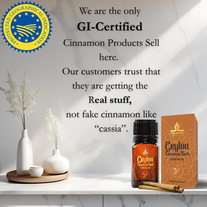 Pure Ceylon Cinnamon Bark Essential Oil - GI Certified G2/76/340, 100% Ceylon True Cinnamon Extract, Therapeutic Grade, 10ml