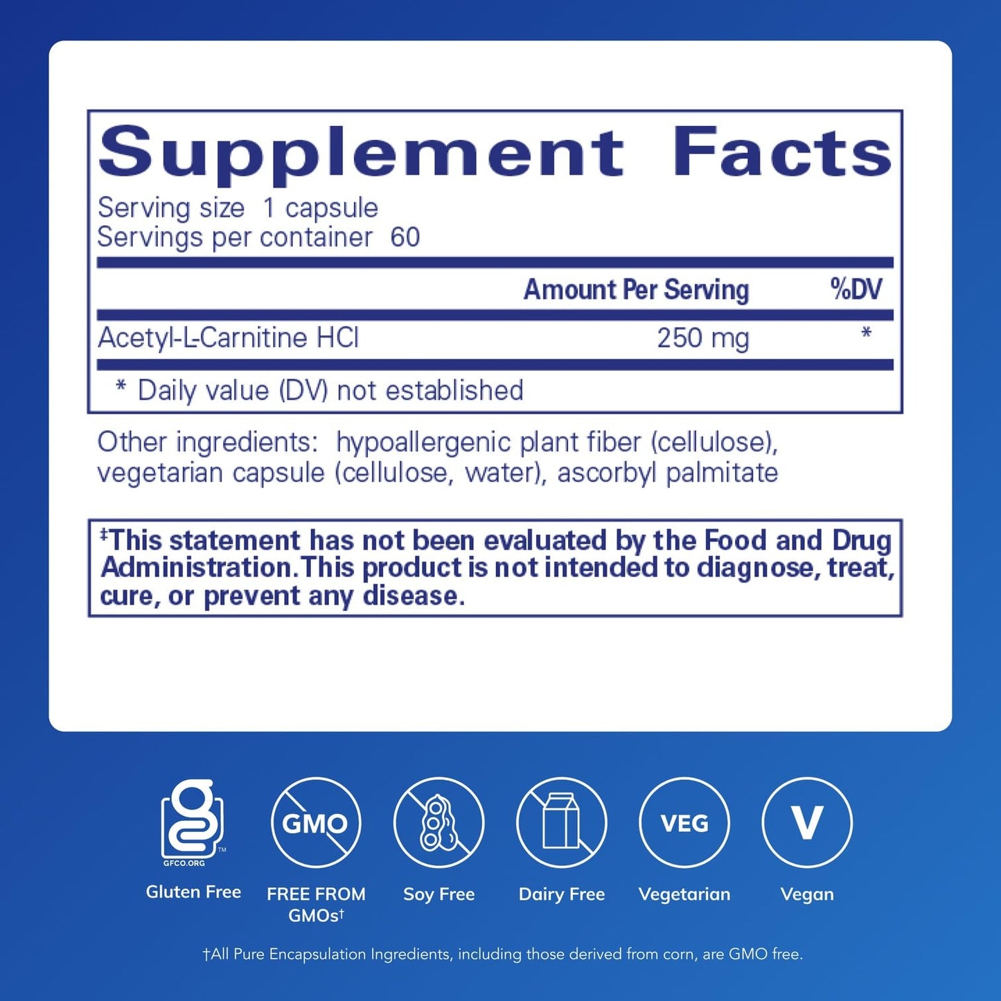 Pure Encapsulations Acetyl-L-Carnitine 250 mg — Memory & Brain Support, Gluten Free & Non-GMO, 60 Capsules