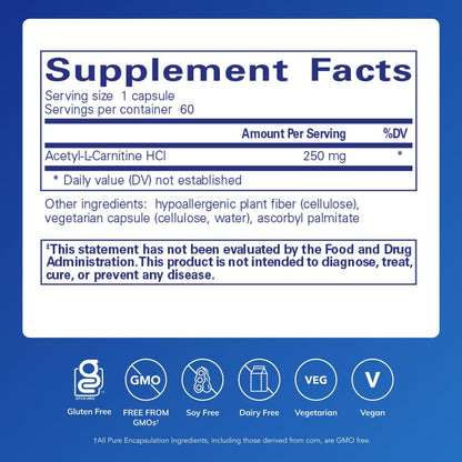Pure Encapsulations Acetyl-L-Carnitine 250 mg — Memory & Brain Support, Gluten Free & Non-GMO, 60 Capsules