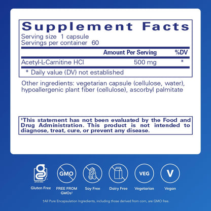 Pure Encapsulations Acetyl-L-Carnitine 500 mg | Memory & Focus Support | Gluten Free & Non-GMO | 60 Capsules