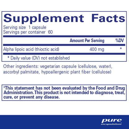 Pure Encapsulations Alpha Lipoic Acid 400 mg | 60 Capsules | Antioxidant Support, Nerve & Cardiovascular Health, Carbohydrate Metabolism